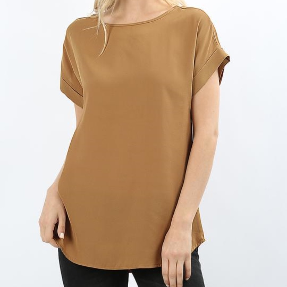 Coffee Short Sleeve Cuff Blouse NWT